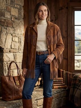 Peters All Weather Wear Suede Leather Fringed Jacket Chestnut Brown Size 42